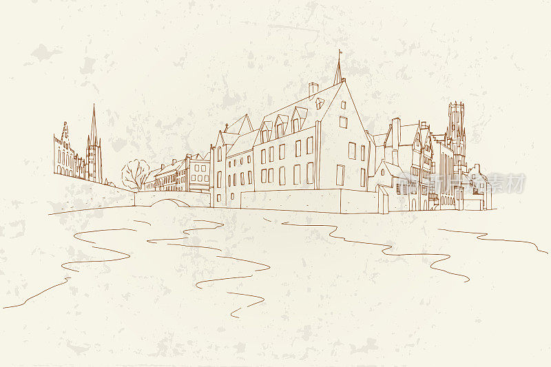 Rozenhoedkaai运河(Quai of the Rosary)和Belfort van bruges钟楼的矢量草图。典型的布鲁日(布鲁日)，比利时。